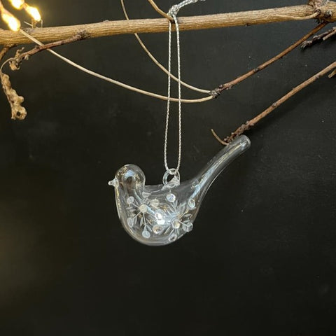 Handmade Glass Bauble - Bird with Etched Snowflake and Sequins