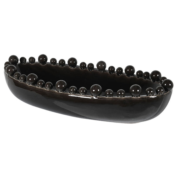 Large Black Oval Ceramic Bowl with Bobbles on Rim