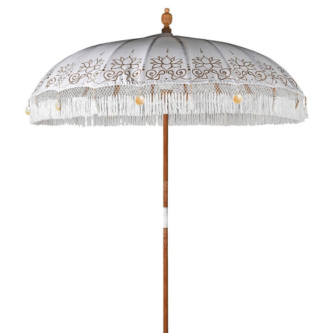 Hand-Painted Balinese White Parasol with Fringe and Tassels