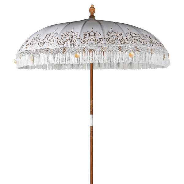 Hand-Painted Balinese White Parasol with Fringe and Tassels