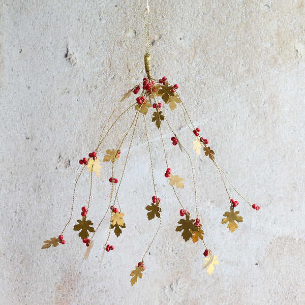 Hanging Brass Oak Leaves and Red Berries Bunch