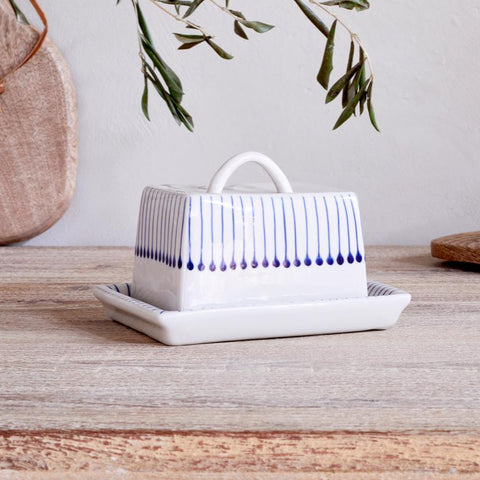 Indigo Matchstick Design Ceramic Butter Dish