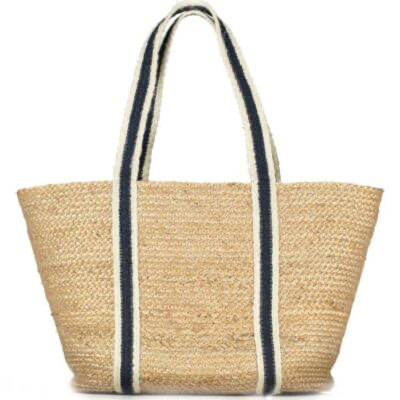 Navy Stripe Long Handle Raw Jute Tote Bag - Braided Rug Company