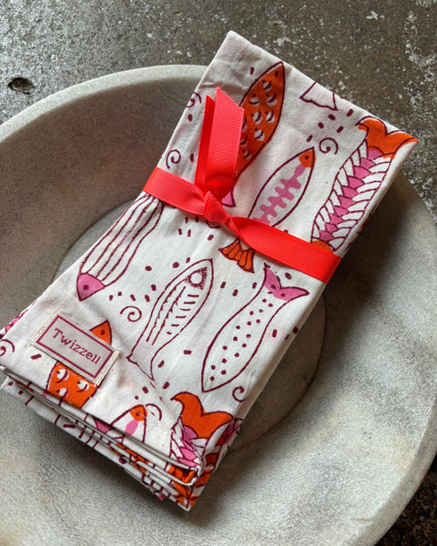 Cotton Block-Printed Pink Fish Spritz Napkin - Set of Four