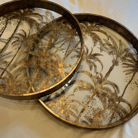 Set of Two Round Glass Palm Tree Trays