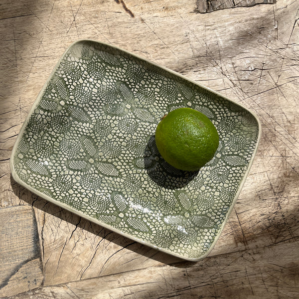 Wonki Ware Rectangular Utensil Dish - Dark Green Lace