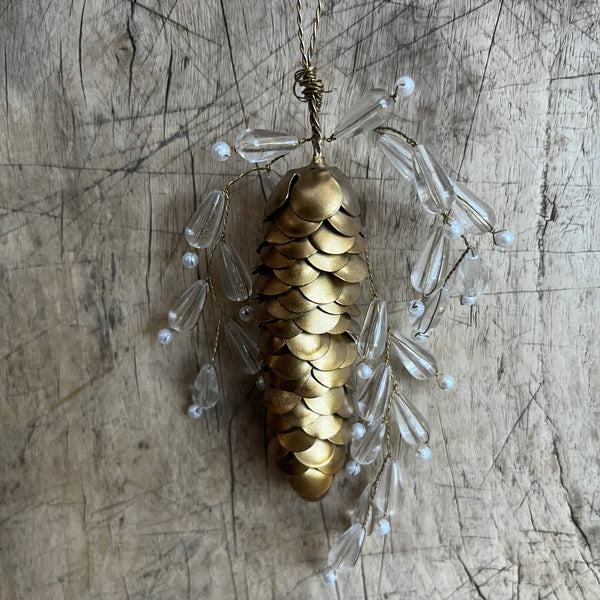 Brass Pinecone with Glass Beads Hanging Ornament
