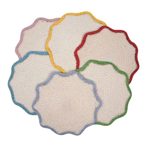 Jute Scalloped  Placemats - Mixed Colours - Set of Six in Basket