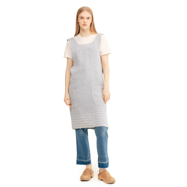 Linen Cross Back Apron - Light Grey with Cream Stripes
