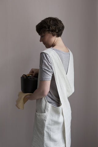 Linen Cross Back Apron - Natural with Cream Stripes