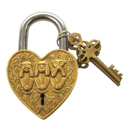 Large Brass Padlock with Embossed Wise Monkeys - Boncoeurs