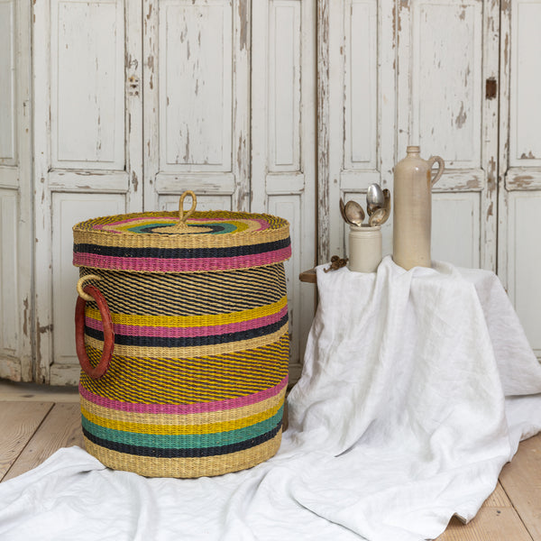 Colourful Woven Lidded Laundry Basket