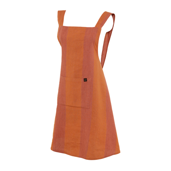 Linen Cotton Mix Japanese Style Cross Back Apron - Scorched Earth Stripe