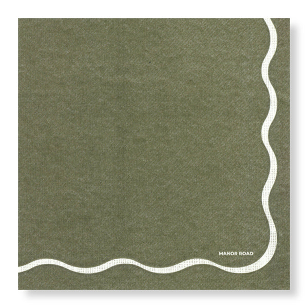 Linen Look Paper Napkins - Olive and White Scallop - Cocktail