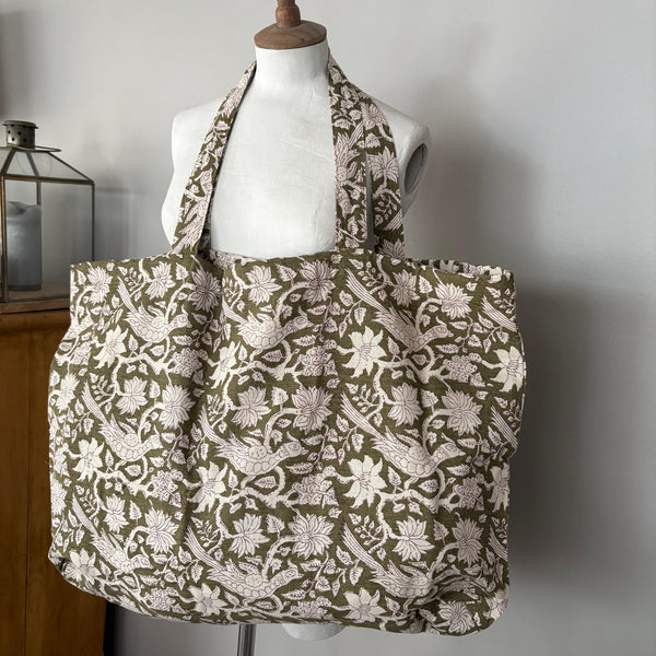 Linen and Cotton Tote Bag - Exotic Indian Print - Khaki 