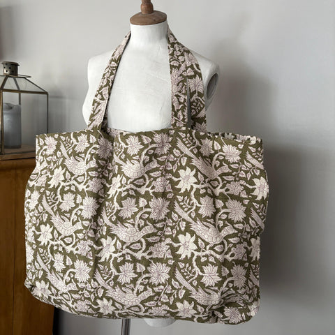Linen and Cotton Tote Bag - Exotic Indian Print - Khaki 