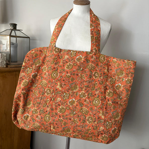 Linen and Cotton Tote Bag - Floral - Scorched Earth 

