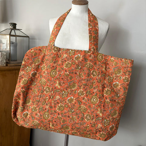 Linen and Cotton Tote Bag - Floral - Scorched Earth 
