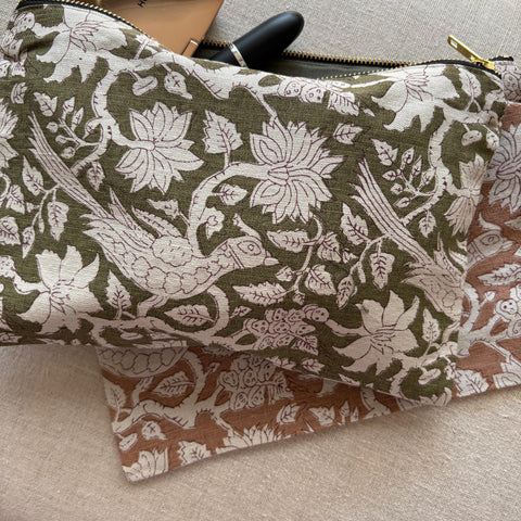 Linen and Cotton Zipped Pouch - Exotic Indian Print - Khaki or Moccaccino