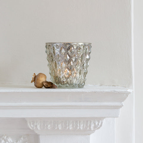 Diamond Pattern Antique Silver Tealight Holders - Single