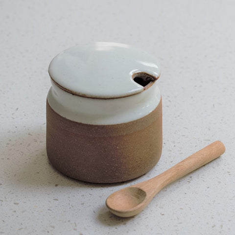 Milky White Stoneware Sugar Pot with Spoon