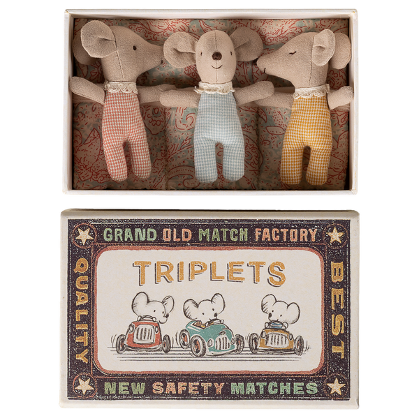 Maileg Baby Mice Triplets in a Matchbox - Checked