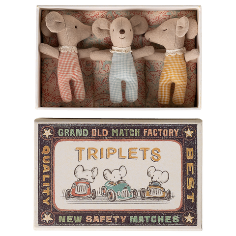 Maileg Baby Mice Triplets in a Matchbox - Checked