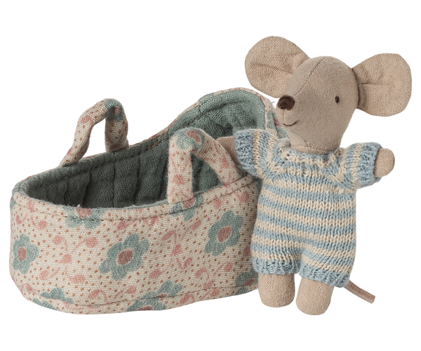 Maileg Baby Mouse in Carry Cot - Blue