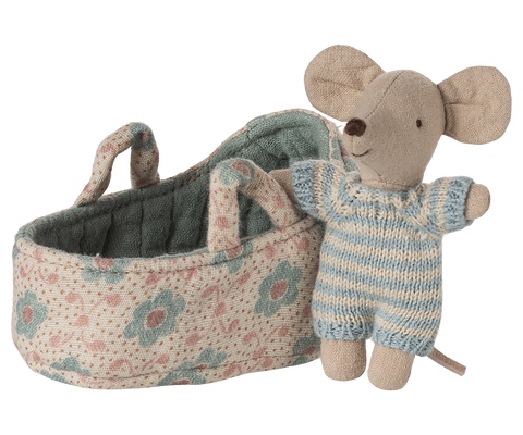 Maileg Baby Mouse in Carry Cot - Blue