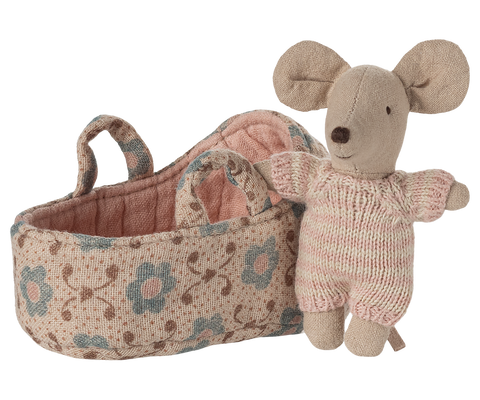 Maileg Baby Mouse in Carry Cot - Rose