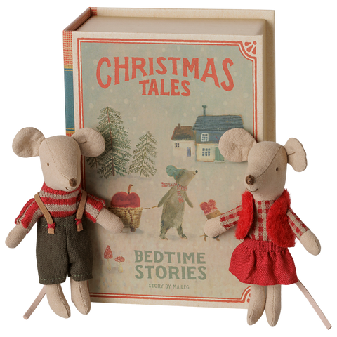Maileg Christmas Twin Mice, Little Sister and Brother in Book