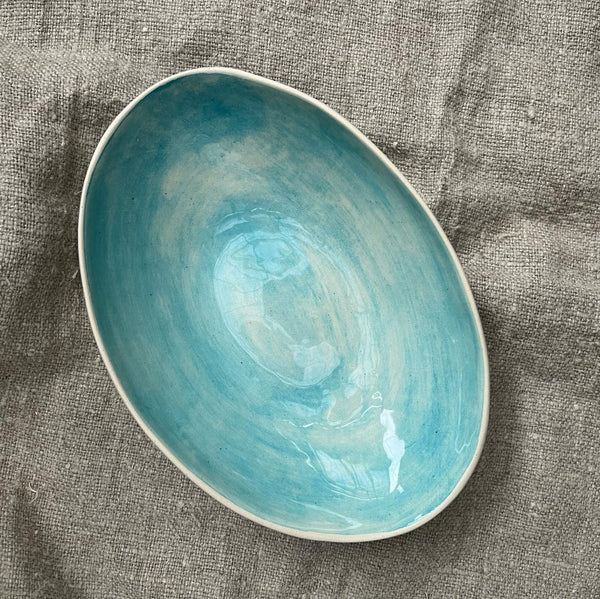 Wonki Ware Ceramics handmade Oval Bowl Turquoise Wash Medium