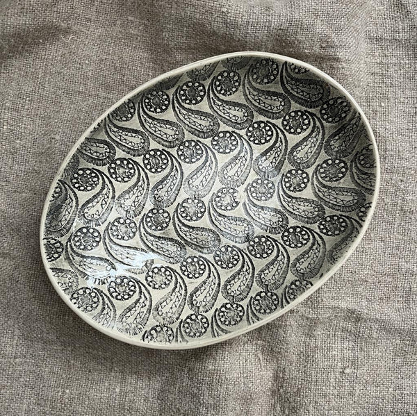Wonki Ware South Africa handmade ceramics oval etosha bowl charcoal lace pattern medium size
