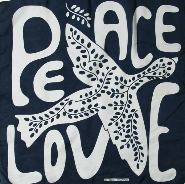 Hand-Printed Small Square Silk Scarf in Box - Peace &amp; Love Navy