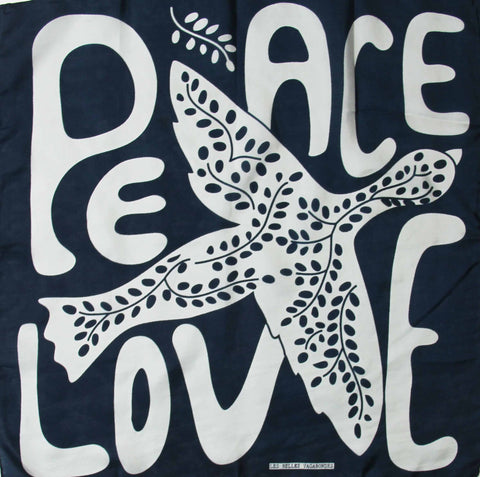 Hand-Printed Small Square Silk Scarf in Box - Peace &amp; Love Navy