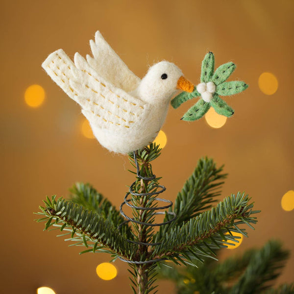 Mistletoe Peace Dove Tree Topper - Hand Felted Organic Wool