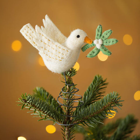 Mistletoe Peace Dove Tree Topper - Hand Felted Organic Wool