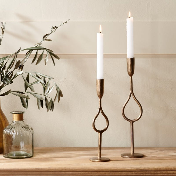 Golden Hand Forged Iron Teardrop Candlestick - Two Sizes