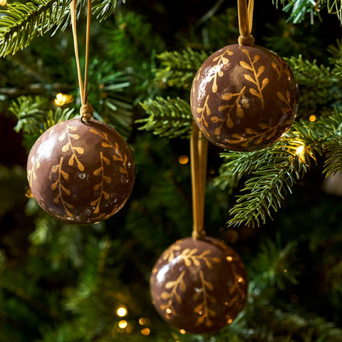 Papier-Mâché Sprig Bauble - Cocoa and Gold - Set of Three