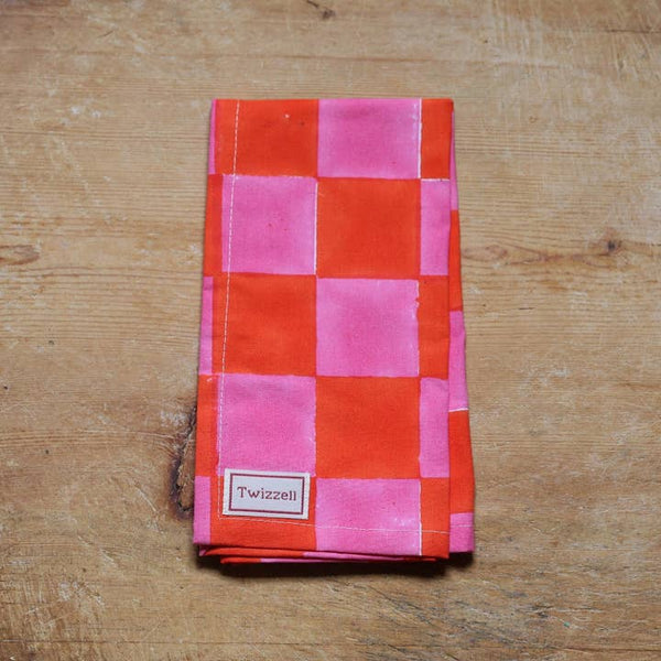 Pink and Orange Checkerboard Napkins - Set of Four