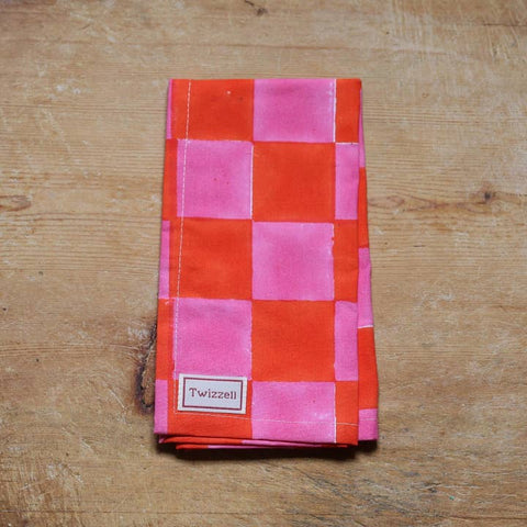 Pink and Orange Checkerboard Napkins - Set of Four