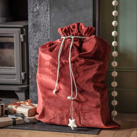 Cotton Velvet Christmas Sack - Berry Red