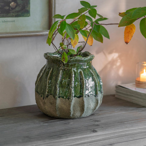Ribbed and Textured Stoneware Pot - Green