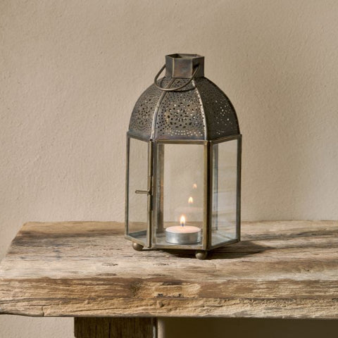 Small Perforated Antique Finish Tealight Lantern