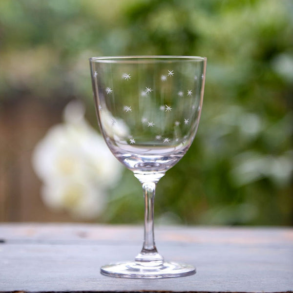 Vintage Style Long Stem Wine Glass - Set of Six - Stars Design