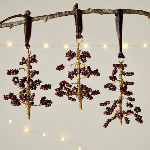 Wooden Beaded Tree Hanging Decorations - Brass and Ruby Red - Set of Three