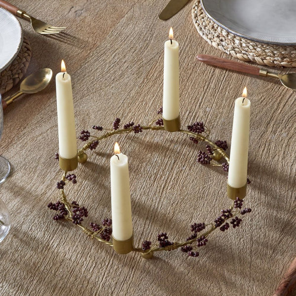 Wooden Beaded Wreath Candle Holder - Brass and Natural