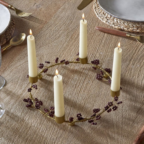 Wooden Beaded Wreath Candle Holder - Brass and Natural