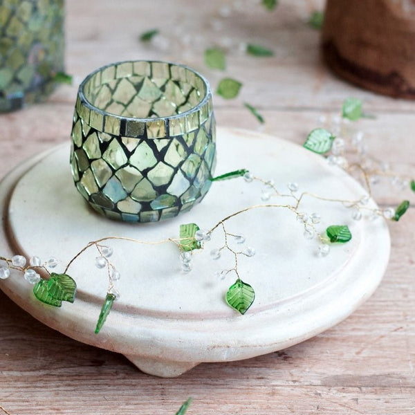 Green Glass Leaves and Clear Glass Berry Garland on Brass Wire