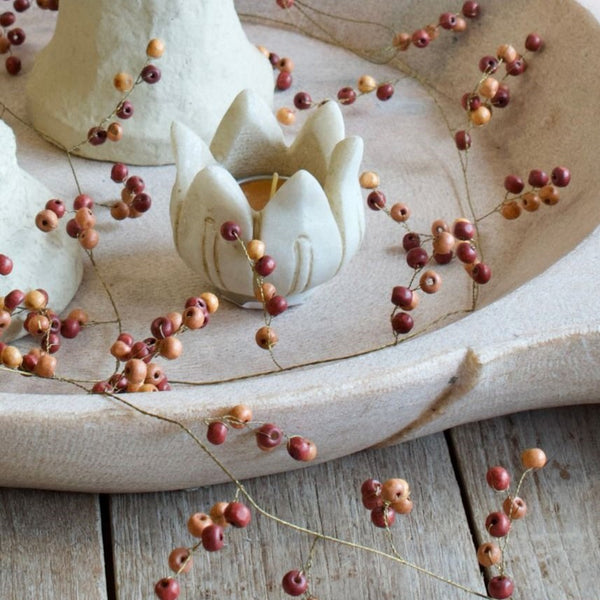 Autumn Red and Orange Wooden Berry Bead Garland on Brass Wire